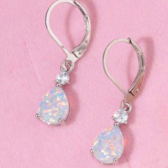 14K White Gold with Genuine White Fire Opal and CZ Teardrop Leverback Earrings - Picture 3 of 5